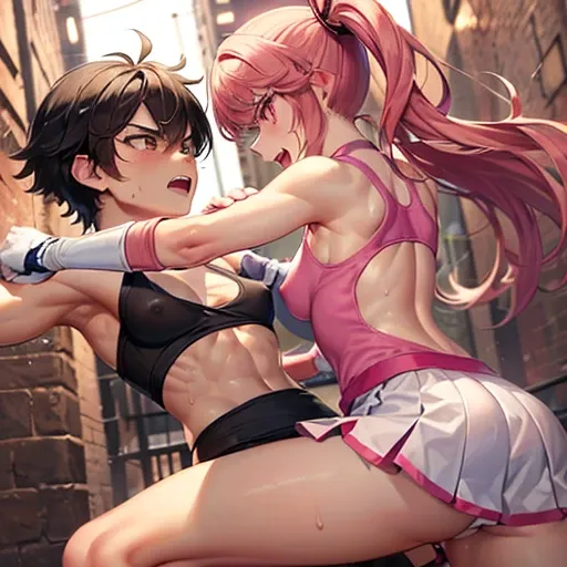 (((dynamic battle action))), (((A male and a female stand squarely facing each other))), (((they are fighting so hard in the back-street))). (((they are punching each other))). (((they areglaring at each other))), a cute Japanese high school (((girl fighte...