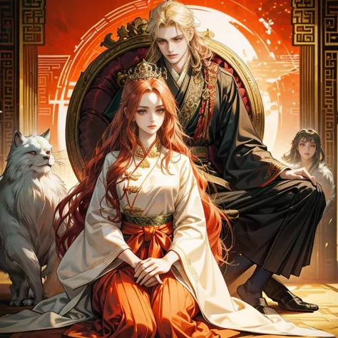 A young woman with wavy red hair was sitting on an ornate throne decorated with jade and rubies. Next to her was a tall, slim young man with long, blonde hair that reached his waist.
Both had stern expressions.
They were wearing long robes in the ancient C...