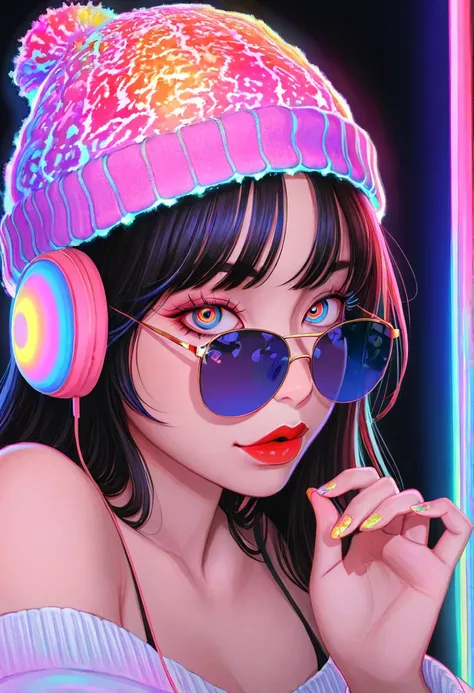 ultra detailed, absolutely resolution, masterpiece.  
psychedelic pop portrait of beautiful woman, wearing knitted hat, sunglasses, headphones, red lips, iridescent light reflected by a prism, neon lights. 
artistically and beautifully wonderland worldview...