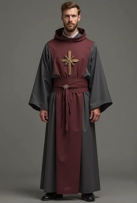  Create the image of a male model dressed in a religious habit.  The tunic must be gray and a burgundy scapular .  I don't want many details , without drawings and embroideries . something simple,  inspired by the garments of the Carmelite or Franciscan Fr...