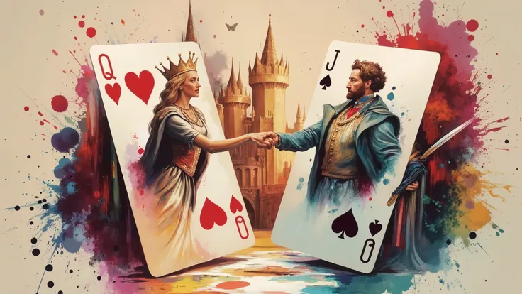 A fantasy-inspired image of a playing card Jack and Queen stepping out of their respective cards, hands meeting in a tender embrace. Their figures glow softly against a shadowy, neutral-toned backdrop. A double exposure blends them with a kingdom painted i...