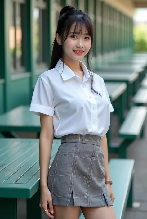  A realistic, high quality real image of a Thai woman ,  beautiful girl (((  big breast   ,  with big breasts , NSFW ( no access )))) ,   smartphones,  a 20-year-old Thai girl in school uniform standing near a green metal table,   she is wearing a white sh...