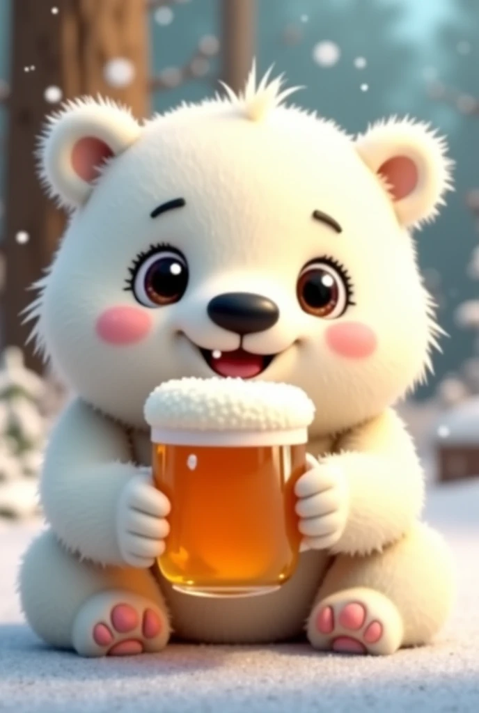 Create an animated-style polar bear, that looks very cute ,  drinking beer 