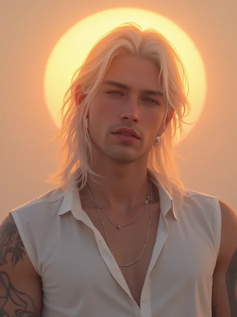 Masterpiece, best quality, 8k, highest quality, best graphic, beautiful eye, beautiful lip, beautiful background, man in 20s, white half long hair, huge sun at the back, tattoo, white dress shirts, accessories, 