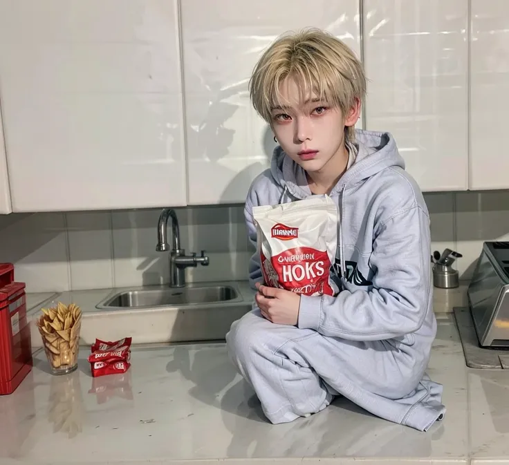 arafed boy in a blue hoodie sitting on a counter with a bag of chips, androgynous face, Enhypen sunoo, cute face, Asian, korean face, best quality, fringe, sunoo, kim sunoo, full body