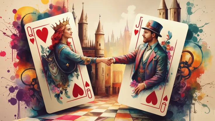 Two playing cards, the Queen and the Jack, face to face, their illustrated figures partially emerging from the cards to greet each other, watercolor-stained background depicting a dreamy kingdom in double exposure, brushstroke texture inspired by Renoir, s...