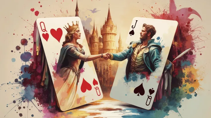Two playing cards, the Queen and the Jack, face to face, their illustrated figures partially emerging from the cards to greet each other, watercolor-stained background depicting a dreamy kingdom in double exposure, brushstroke texture inspired by Renoir, s...