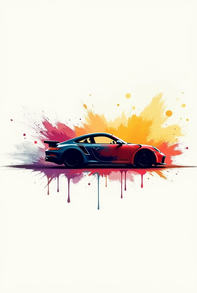 Logo of a car painted with brush and colors, some brushes on the image as if they were painting letters 