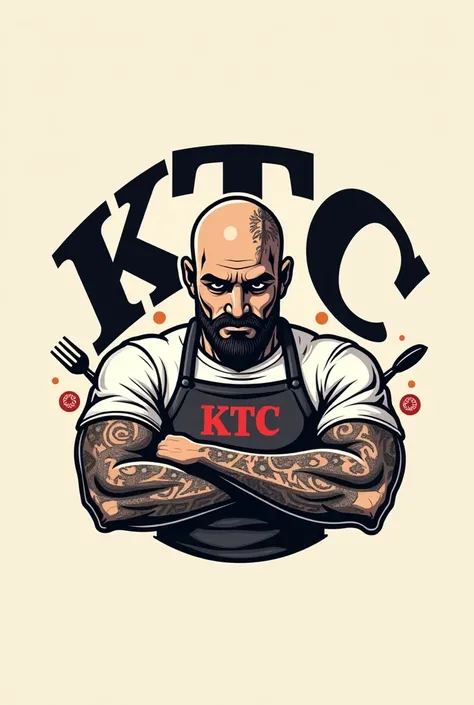 Make me a logo of a cook with a bald apron with tattoos on his face with the name of KTC With a bucket behind the character like the logo of KFC