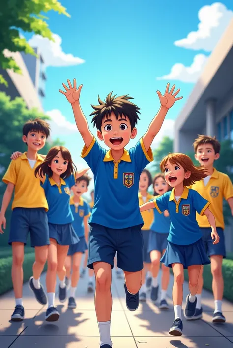 BOYS AND GIRLS IN BLUE AND YELLOW UNIFORMS AT SCHOOL