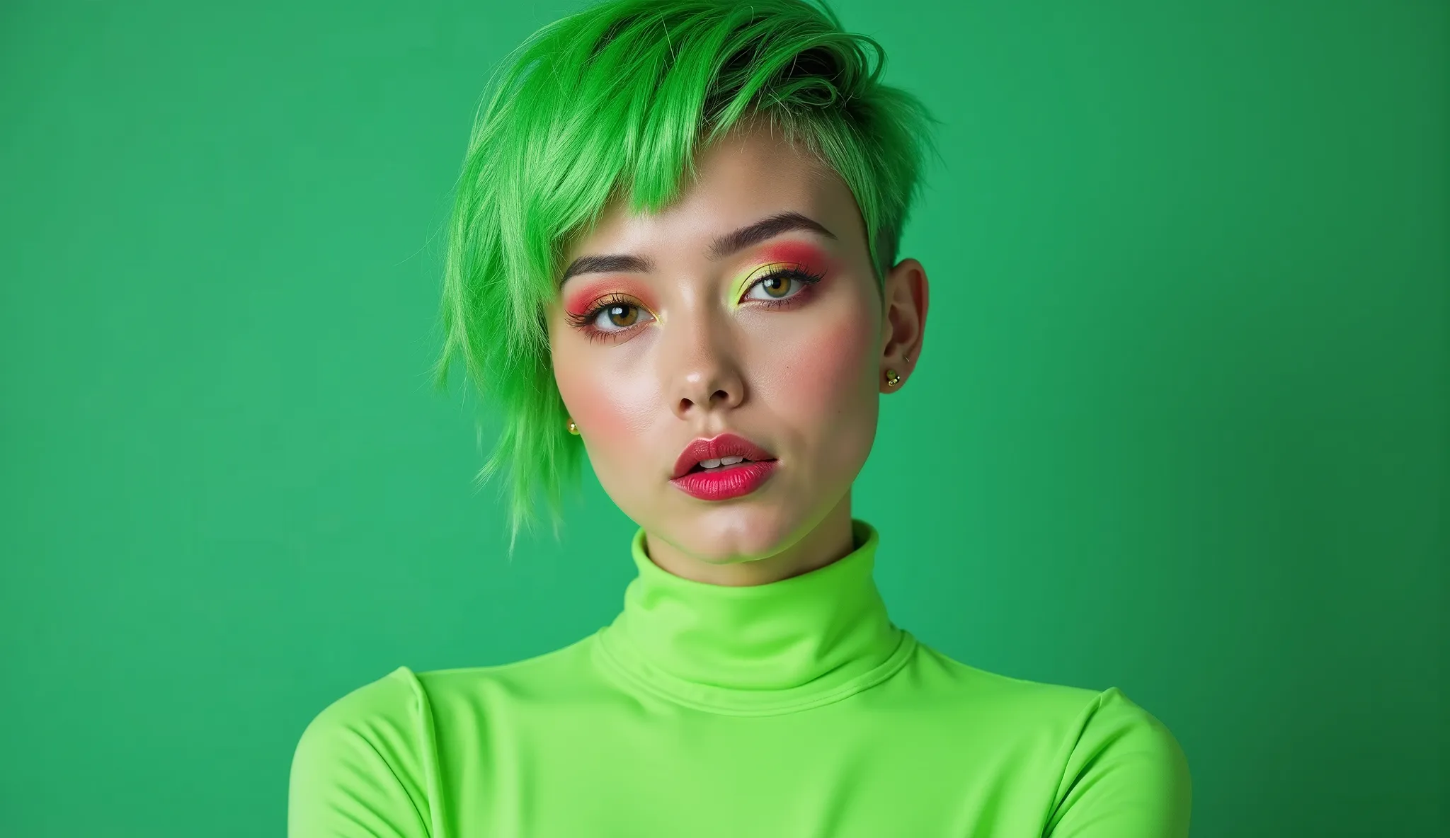 beautiful green 
 Short hair like a boy and a green top.