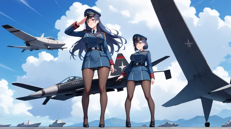 Big Breasts、 Height、Leg length、 and the body is thin 、The legs are slender 、 navy colored military uniform、 Dark Blue Army Uniform、The dark blue military hat 、 DARK BLUE HAIR 、 Navy Pointed Eyes 、 long navy hair、 and the body is thin 、Leg length、Background...