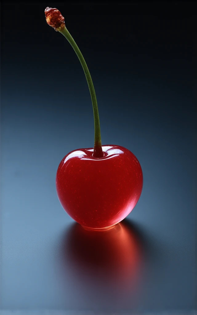  a red  glass cherry  on a table, 8k,   food photography style  ,  glass cherry  ,  bioluminescent ,Color, glow, fluid, glowing,   appetizing  ,  professional,   culinary  ,    high resolution ,   commercial  ,  very detailed, NEON HUE , full of Color,   b...