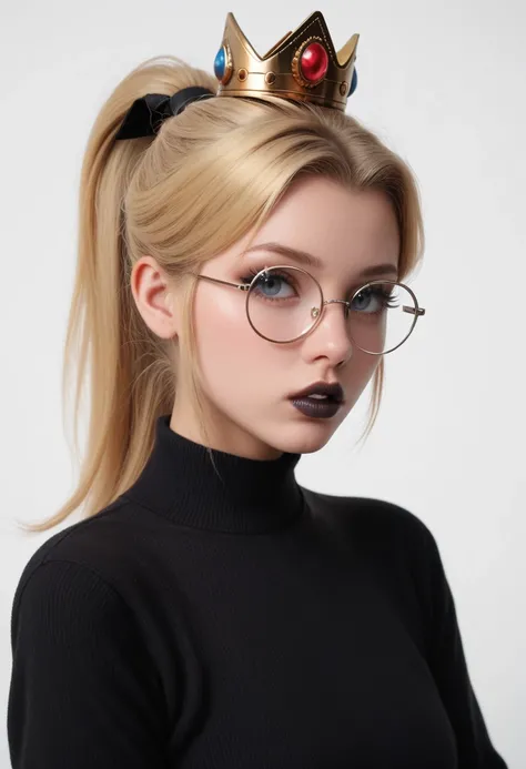 masterpiece, best quality, absurdres, very aesthetic, 1girl, solo, princess peach, portrait, ponytail, black lips, goth fashion, black sweater, round eyewear, parted lips, blonde hair, spiked hair tie, white background, crown