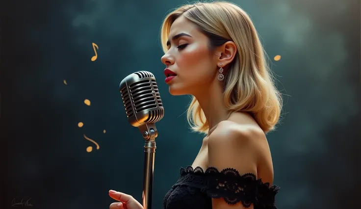 A highly detailed, realistic oil painting of actress and singer Cristine Reyes standing on the right side of the frame, singing into a vintage silver microphone. She has sleek, waist-length blonde hair with subtle golden highlights, styled in soft waves. H...