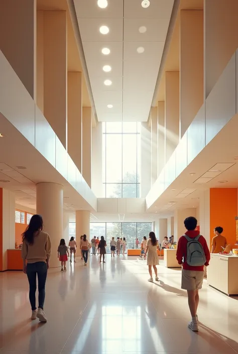 interior design of a large center for teenagers and ren in a modern style without bright colors 
with visible communications on the ceiling