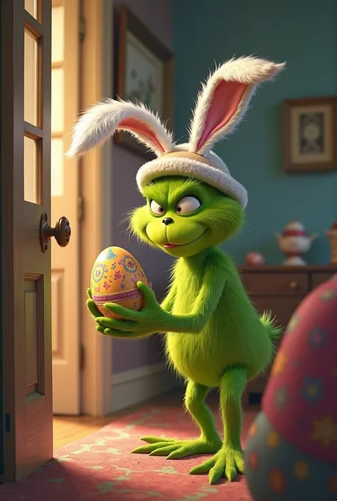  The Grinch in Easter clothes , hat with bunny ears that sneaks into the house and picks up an Easter egg looking at it , Half-length image