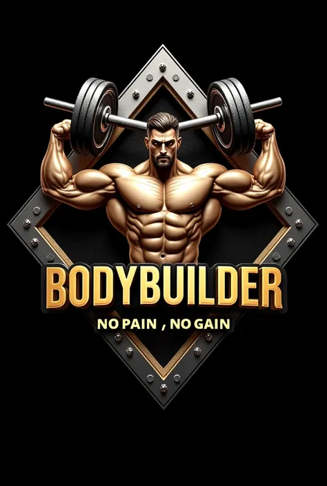  
"  crisp Design a bold and dynamic 3D logo for “BODYBUILDER”: No pain ,  no gain  .” Incorporates a muscular arm flexing in the center ,  Seamlessly integrated into a diamond-shaped metal frame with a , Stylish borders.  Adds two crossing dumbbells behin...