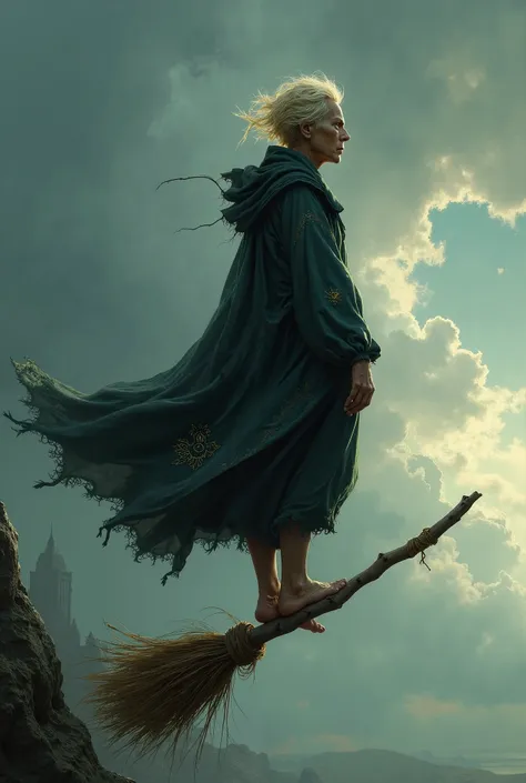 elderly witch with very short blond hair, Barefoot on a broom flying from behind 