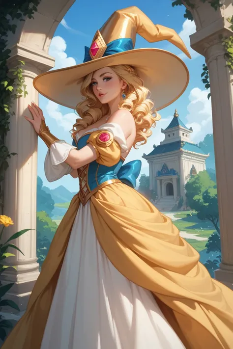 A curly-haired blonde magician , with radiant aura.  She wears an elegant medieval wizard costume ,  with golden details that shine softly .  Her long flowing robe has light tones , how white and gold ,  reflecting her dominance over light . She's radiatin...