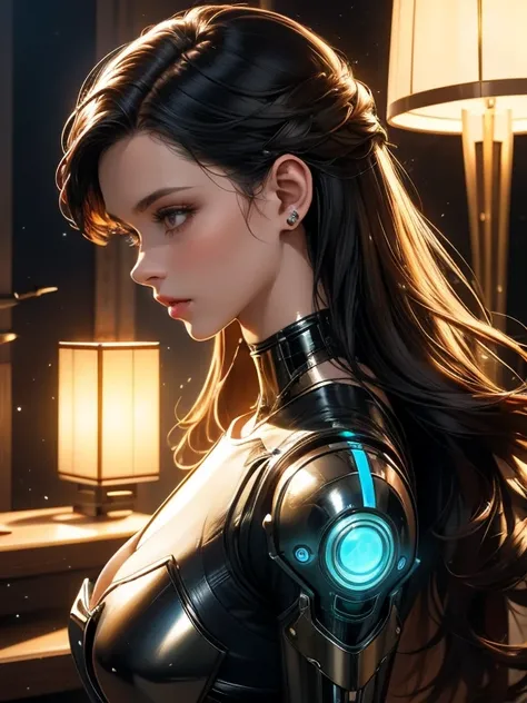 A futuristic side portrait of a humanoid sexy robot. The robot's body is made of translucent materials, and its internal structure is clearly visible, including circuit boards and light-emitting elements. The robot has soft facial features with feminine fe...