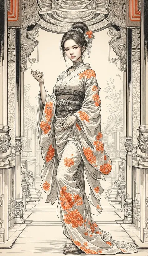 Sketch of a japanese woman in an asian castle