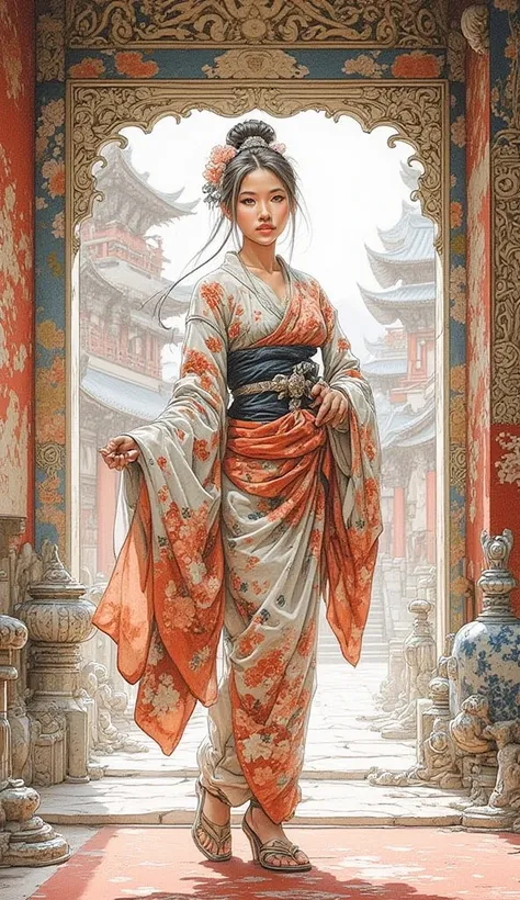 Sketch of a japanese woman in an asian castle