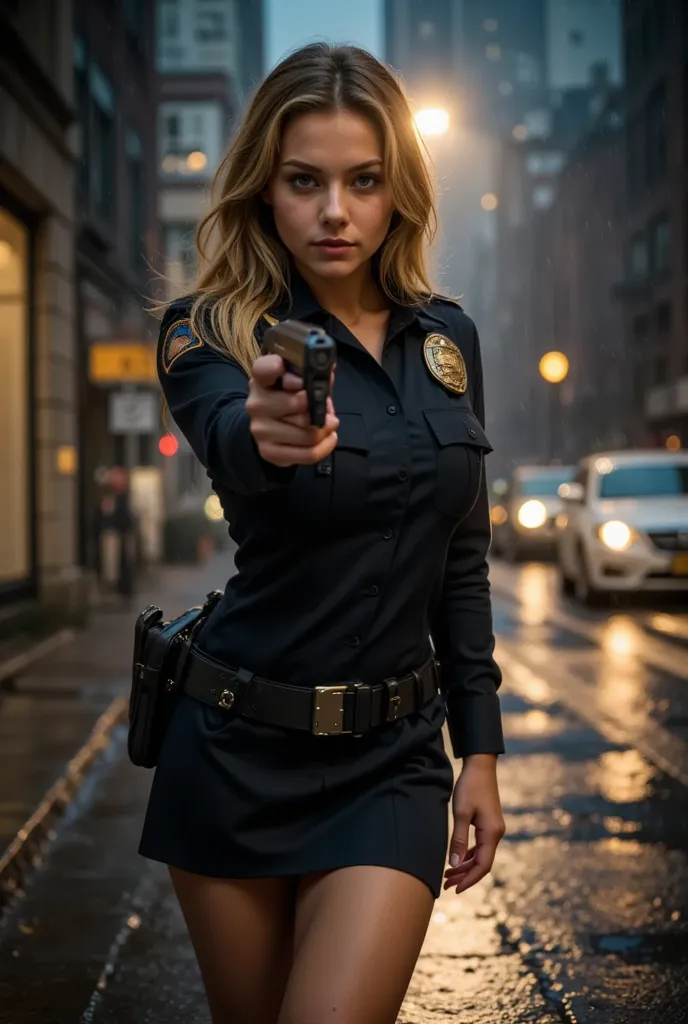 1 Female、American Beauty、Super beautiful、Facial beauty、blue eyes、Standing、New York Police Uniform、mini skirt、Golden Hair、Night Street、Backlight、The wind is blowing、it&#39;s raining、He is looking intently at the barrel of the gun.、Thigh-up shot、pointing pis...