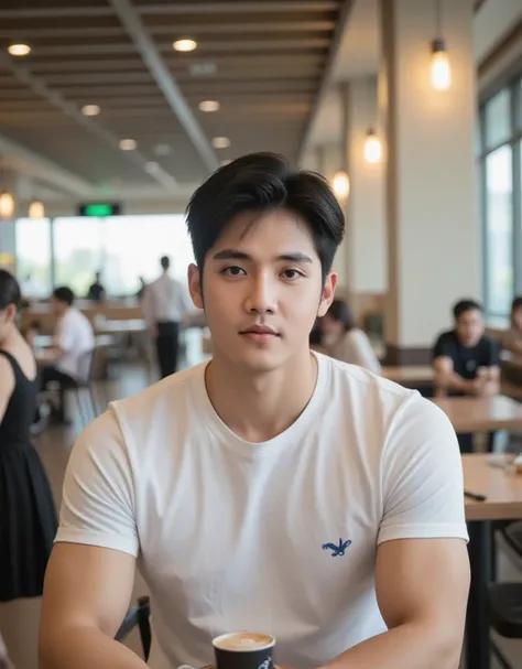 Handsome Korean man in t-shirt sitting in restaurant in airport