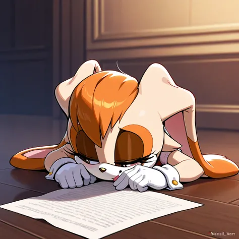 Vanilla The Rabbit, a woman laying on the floor holding a piece of paper and with her head down, solo, 1girl