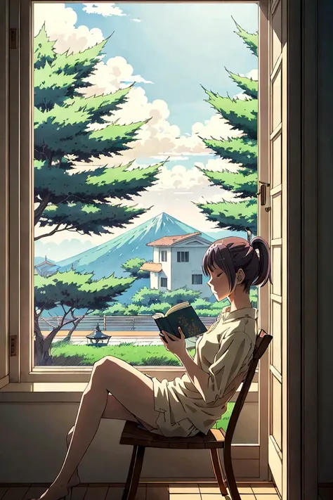 A peaceful anime-style scene featuring a person sitting in a comfortable chair in a quiet room, deeply engrossed in a book. Their head begins to droop as they doze off mid-read, capturing a gentle, relaxed moment of sleepiness. Soft ambient light from a ne...