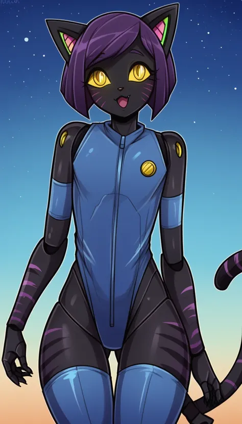   high quality ,    very detailed ,     very detailed   , ( 1 robot cat boy anthro :1.8), black fur , stripes on the body , yellow neon eyes  , disheveled thick dark purple hair  ,a femboy,   wide hips,  juicy thighs,   slim,  perfect body  ,(( blue space ...