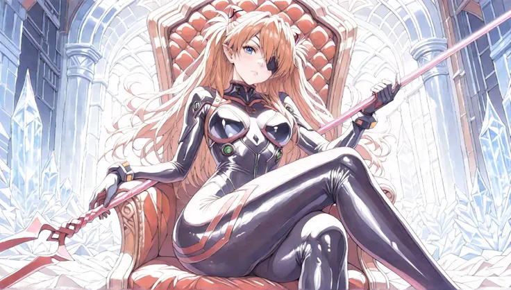 A breathtaking dark female elf assassin (Abyss Walker) 1girl, souryuu asuka langley, neon genesis evangelion, sensitive, solo, eyepatch, red plugsuit, sitting on throne, crossed legs, head tilt, holding weapon, lance of longinus \(evangelion\), cowboy shot...