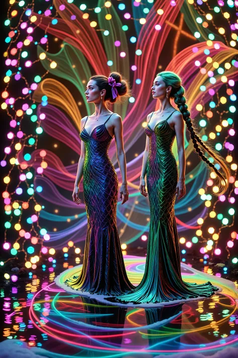Take this image and merge the colors together around the girl, while infusing lots of vibrant neon luminescent colors in there as well. Make her mermaid gown highly reflective, mirror like, so all the light hits it, and reverberates it into the colored sw...