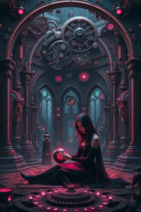 a woman is sitting on the ground with a ball, cyberpunk art by David Roberts, dribble, gothic art, steampunk, fantasy, dark and mysterious