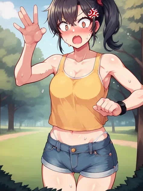  anime style,   score _9,    score _8_superior,   score _7_superior,   score _6_superior,    source  _ anime,  nsfw，  uncensored ， young woman,  alone ,   side ponytail,   yellow tank top , forest, tree, null,   from before ,   from before ,   thigh denim ...