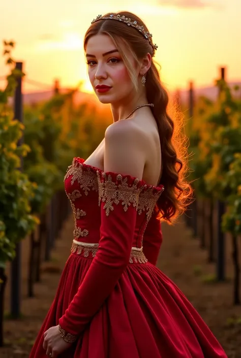 İsidora young beauty, dressing red in 17.century, backround is warm wineyard sunset