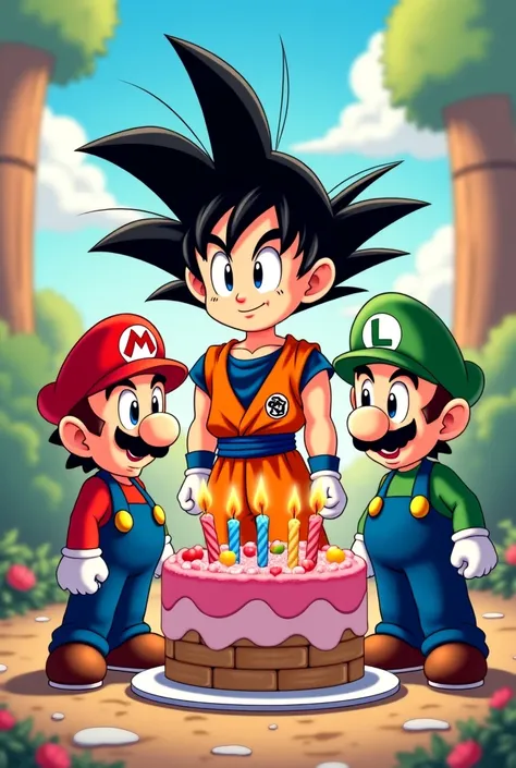 I want the drawing of little Goku with Mario Bros with a birthday cake 