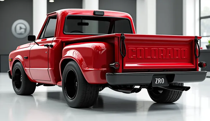 create an ultra-detailed 3D render of a modern, close-up side view of modern 1970 Chevrolet Colorado vintage pickup With a bold design. The car should feature a "Gleamy glossy painted  Red " color with a prominent Colorado vintage logo on its prominent bac...