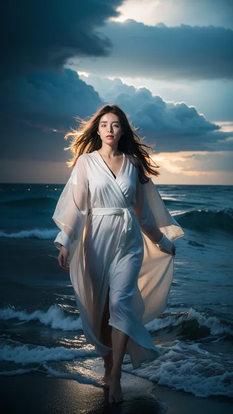 Jesus walking on a
stormy sea under a
dramatic, cloud-filled sky,
lightning illuminating the
background, waves
roaring with intense
motion, his figure calm
and commanding, robes
wet and flowing with the
wind, a divine glow
emanating from him,
ul...