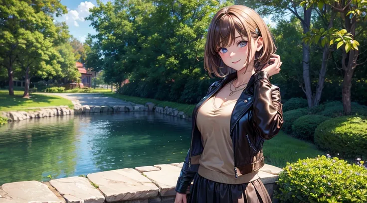 1girl, summer, trees, house, fantasy landscape, water, bird, butterfly, light brown hair, short hair, large full breasts, dark blue eyes, ((brown leather jacket)), skirt, smile, looking at the viewer, standing, hair clip, golden necklace, perfect quality, ...