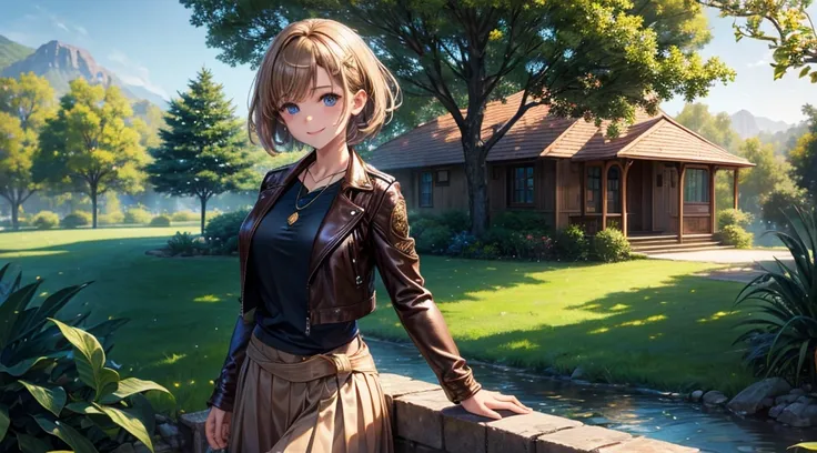 1girl, summer, trees, house, fantasy landscape, water, bird, butterfly, light brown hair, short hair, large full breasts, dark blue eyes, ((brown leather jacket)), skirt, smile, looking at the viewer, standing, hair clip, golden necklace, perfect quality, ...