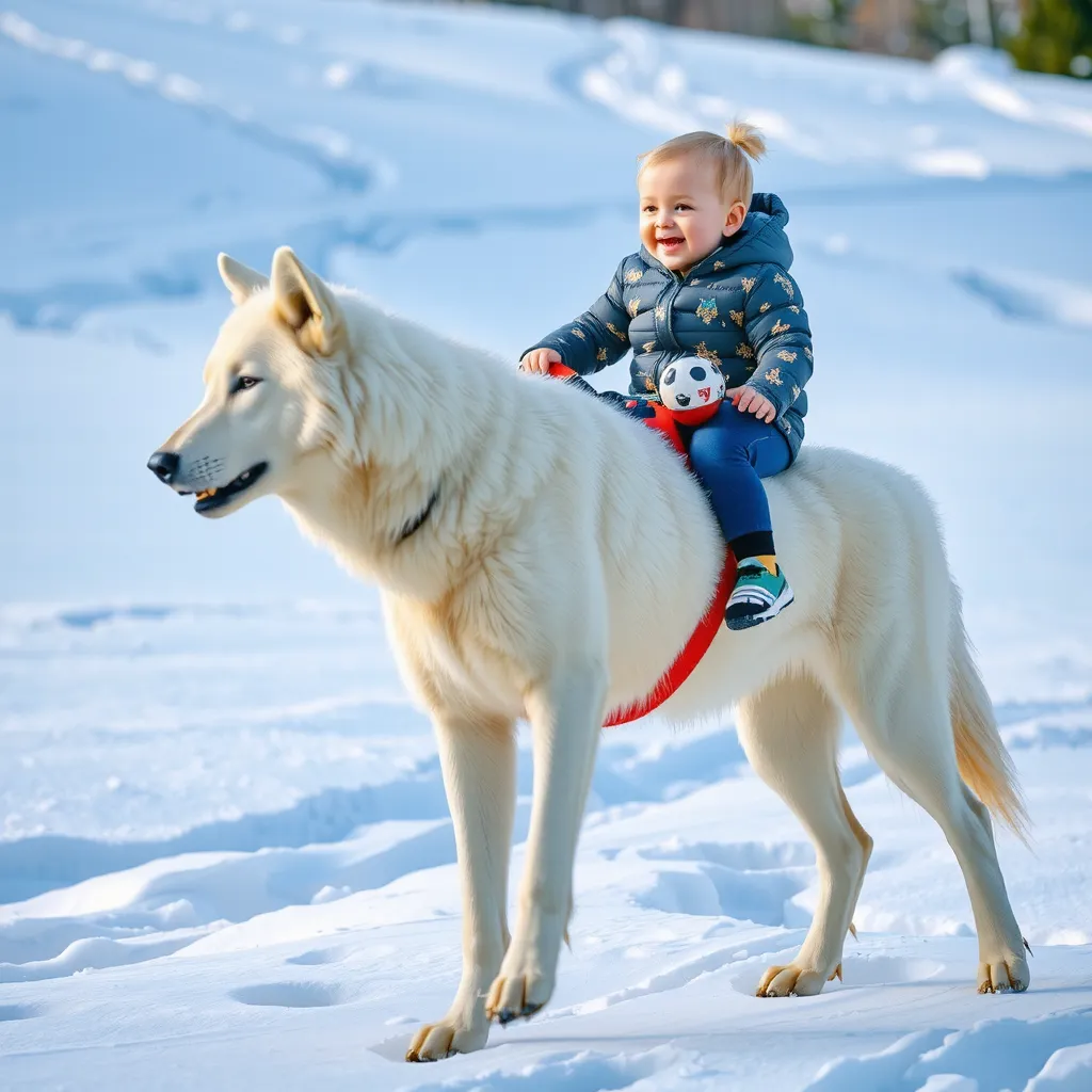 A laughing toddler rides on the back of a majestic white wolf through a snowy wonderland. The wolf moves gracefully, leaving paw prints in the fresh snow, while snowflakes gently fall around them. The baby’s cheeks are rosy, and their eyes sparkle with exc...