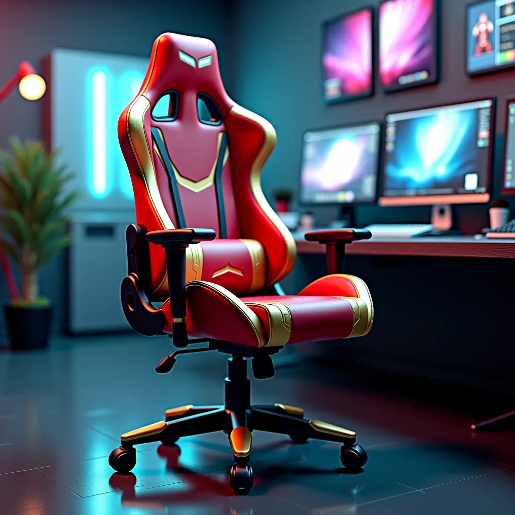 Create a realistic image. A real gaming chair with iron man costume red and golden color design, in the computer room and with cool background 