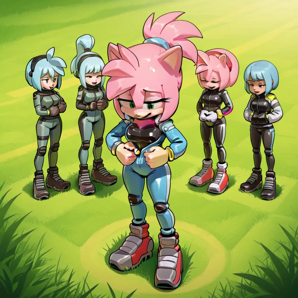 Amy Rose, a group of people stand in a line on the grass field holding their frisbees, multiple girls, ponytail, jacket, pants,techwear cyberpunk fashion ,bodysuit, unzipping,unzipped