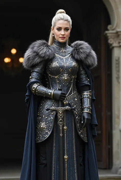 Full body image of Visenya Targaryen Dazzling till thighs, Black Dragon Armor with gold details, Black Sword((best qualityer)) , (detailded), Visenya Targaryen Dazzling, Black Dragon Armor golden details, Black Sword, charming smile, perfects eyes, Perfect...