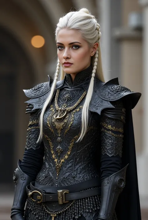 Full body image of Visenya Targaryen Dazzling till thighs, Black Dragon Armor with gold details, Black Sword((best qualityer)) , (detailded), Visenya Targaryen Dazzling, Black Dragon Armor golden details, Black Sword, charming smile, perfects eyes, Perfect...