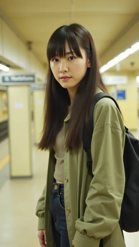 A young woman with long, dark hair with bangs, stands in a subway station. Positioned slightly to the left of center in the frame, she is captured from a three-quarter view, facing slightly to her right. Her expression is neutral, and she wears a light oli...