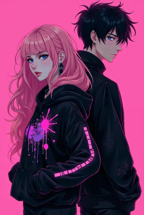 
“anime-style illustration of a stylish couple with a modern cyberpunk aesthetic. The woman in the foreground has long, voluminous, wavy pink hair that transitions from a soft pastel hue to an intense magenta at the ends. She has soft blue eyes, sharp and ...