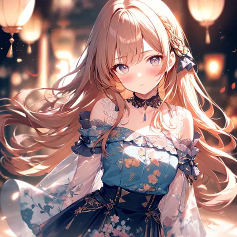 (best quality, masterpiece), 1girl, intricate details, off shoulder, skirt, choker, frills, see-through, looking at viewer, blush, upper body, blurry background, floral print, contrapposto